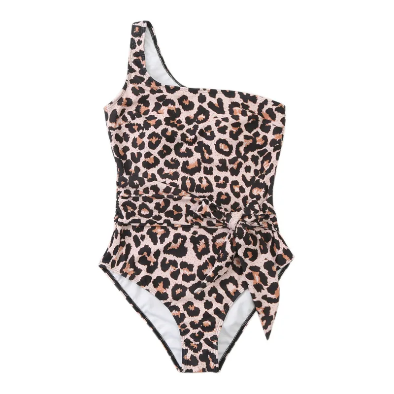 

The new one-piece swimsuit is conservative one-shoulder leopard print with multi-colored bikini