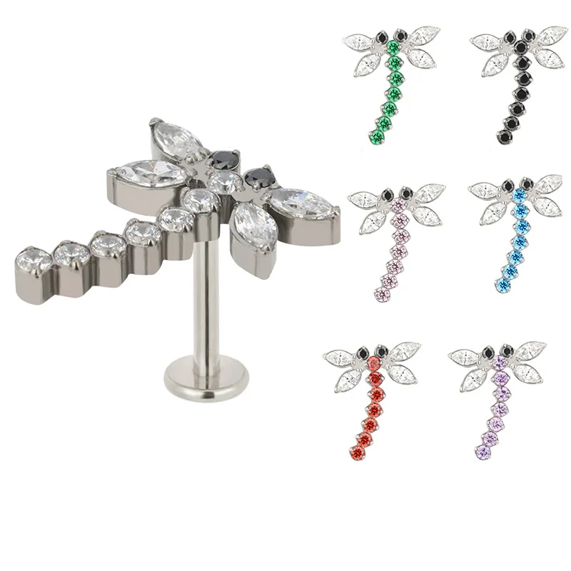 

ASTM F136 Titanium PIERC Dragonfly ear stud CZ Paved Tops Labret Lip Ring Cartilage Tragus Earring Helix Body Piercing Jewelry