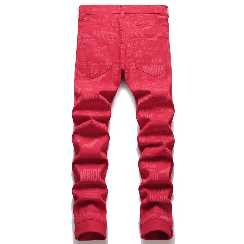 Men's Colorful Graffiti Printed Jeans Y2K Colorful Slim Fit Tapered Elastic Casual Pants Fashion Street Clothing Small Foot Pant