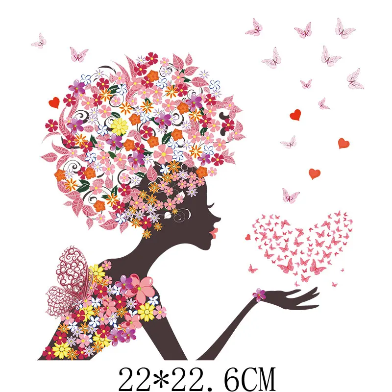 

22x22.6cm Girl Butterfly Animal Iron On Patches For DIY Heat Transfer Clothes T-Shirt Thermal Stickers Decoration Printing