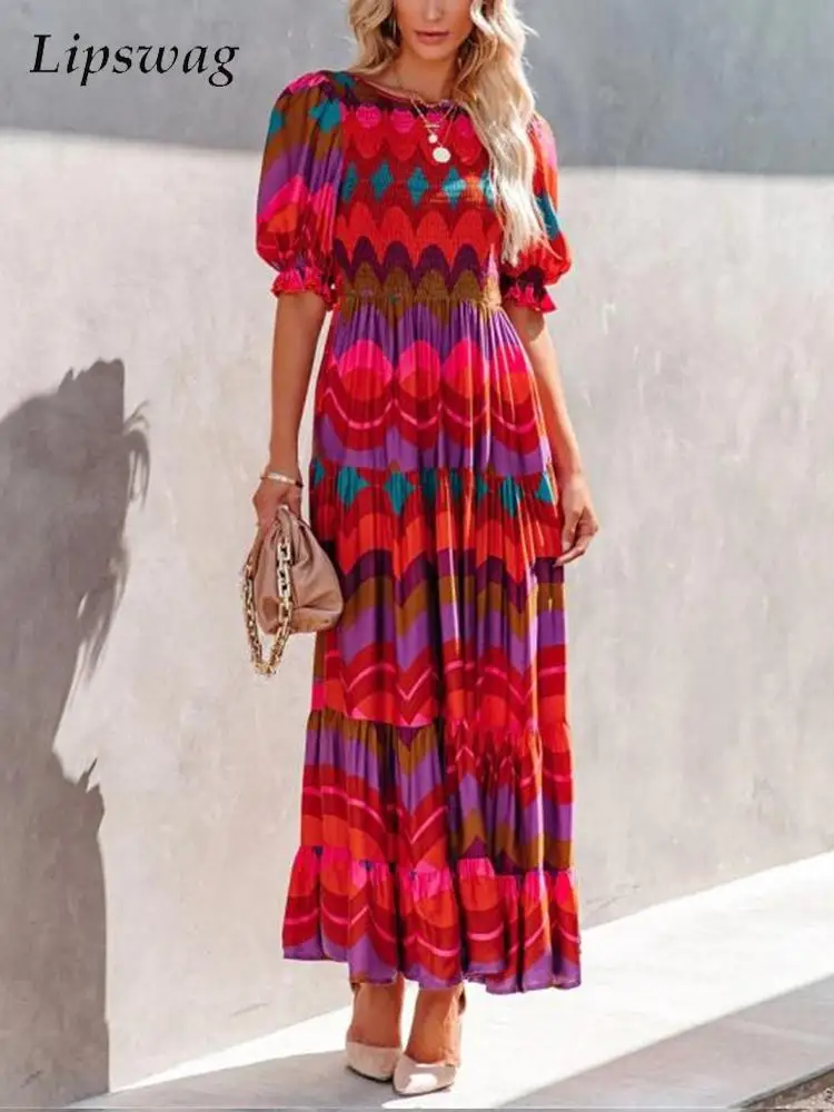 

Женское платье с коротким рукавом-фонариком, V-образным вырезом и принтом в стиле бохо, длинное пляжное платье с широким подолом, модное женс...