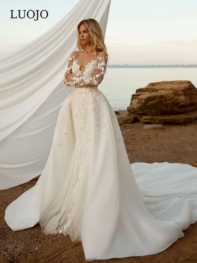 

Женское свадебное платье с юбкой годе LUOJO Boho, дорогие съемные пуговицы с аппликацией 2 в 1, платье невесты длиной ниже колена