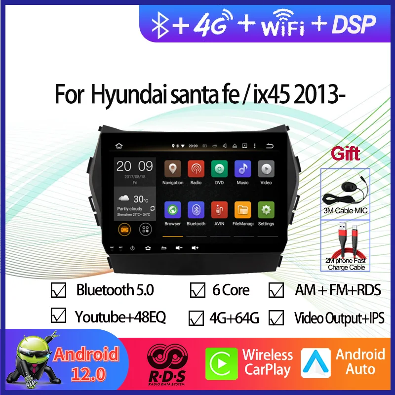 

Android 12 Auto Radio Stereo For Hyundai Santa Fe Ix45 2013- Car GPS Navigation Multimedia DVD Player with RDS BT Wifi Aux