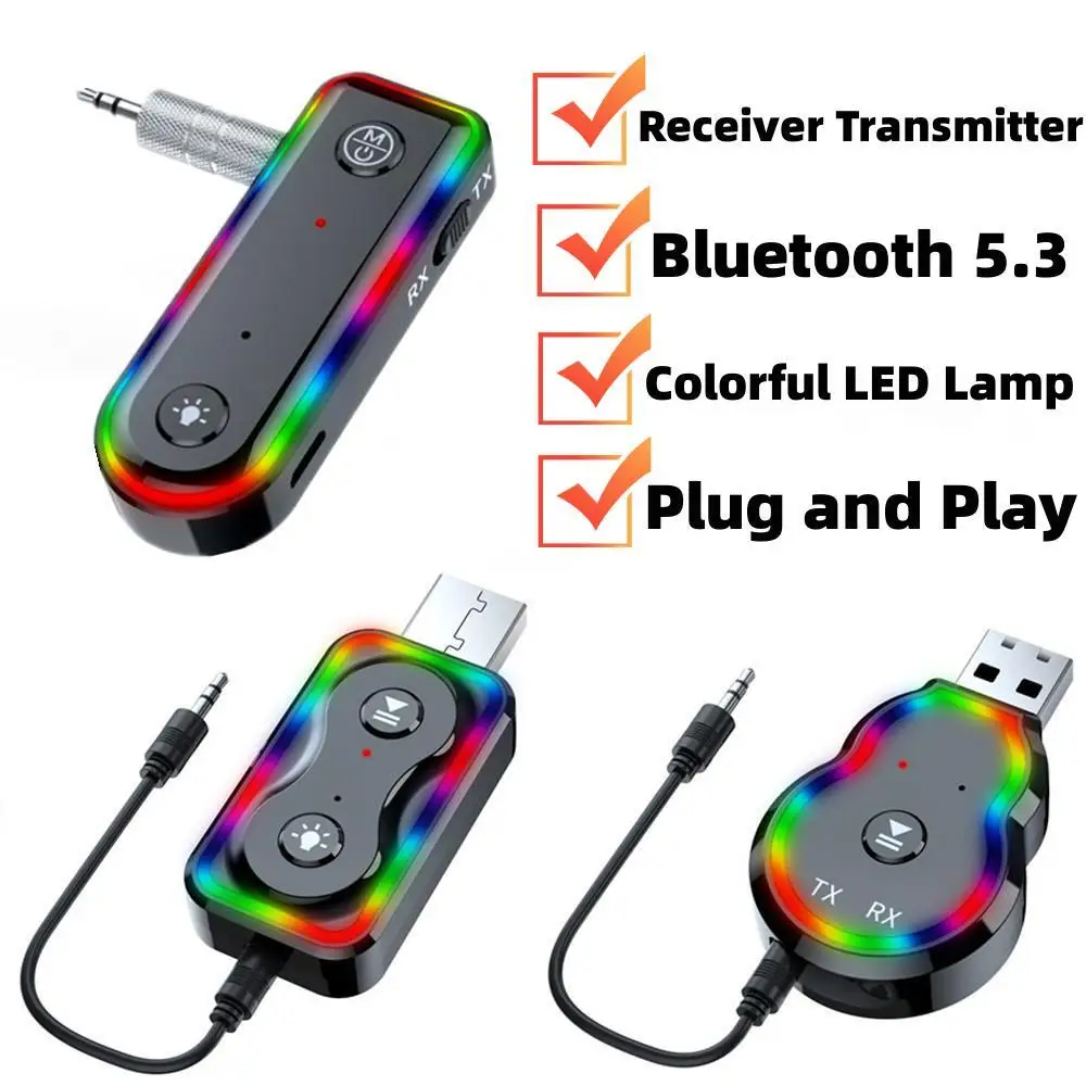 

2 IN 1 Bluetooth 5.3 Wireless Receiver Transmitter Car Music HIFI Audio Adapter 3.5mm Aux USB Jack Handsfree With Colorful Light