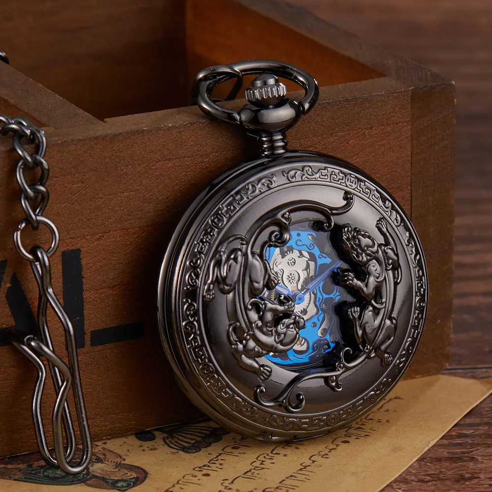 Vintage Steampunk Skeleton Mechanical Blue Roman Numbles Pocket Watch Men Women Necklace Pocket Fob Watches Chain Clock For Male