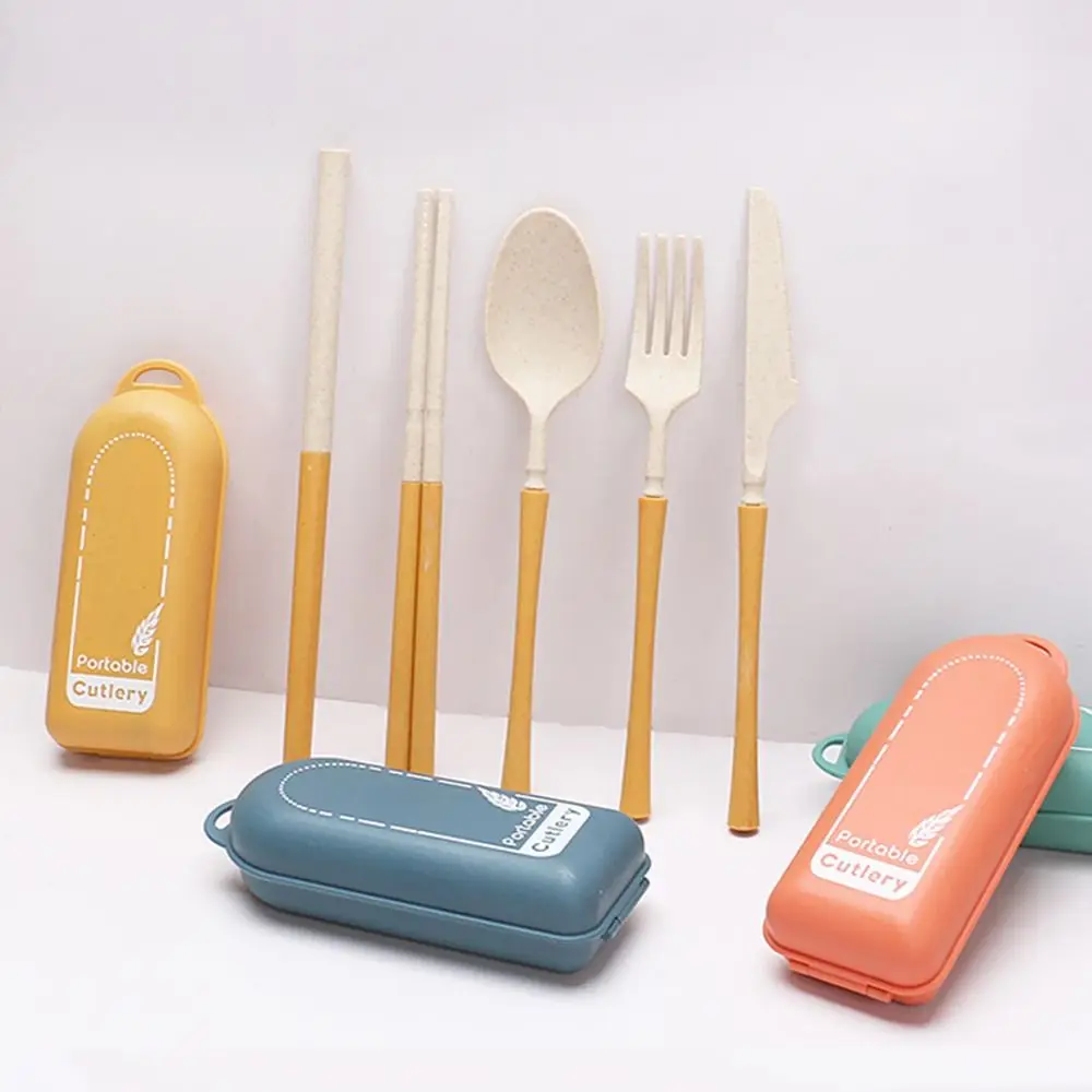 

1Set Eco-Friendly Wheat Straw Dinnerware Portable Tableware Knife Fork Spoon Chopsticks With Utensil Box Travel Cutlery Set