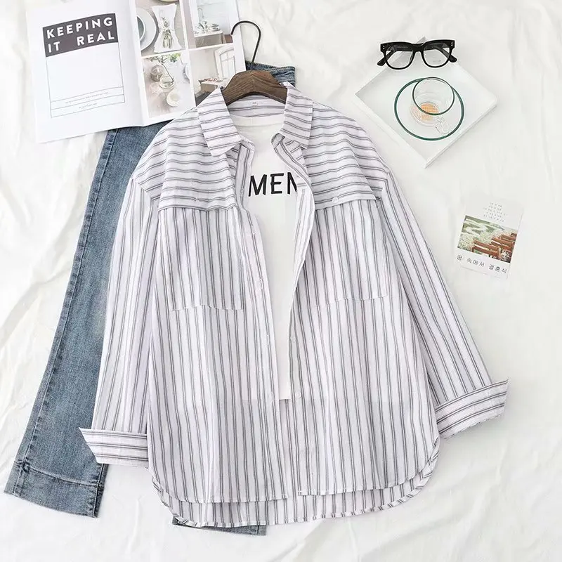 Летняя хлопковая рубашка с длинным рукавом топы в полоску отложным воротником