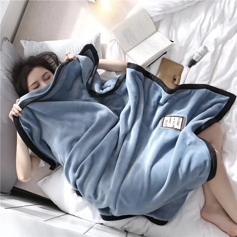 

New Coral Fleece Blanket Double Layer Thickened Flannel Solid Color Small Blanket Sofa Office Nap Multi-Purpose Leisure Blanket
