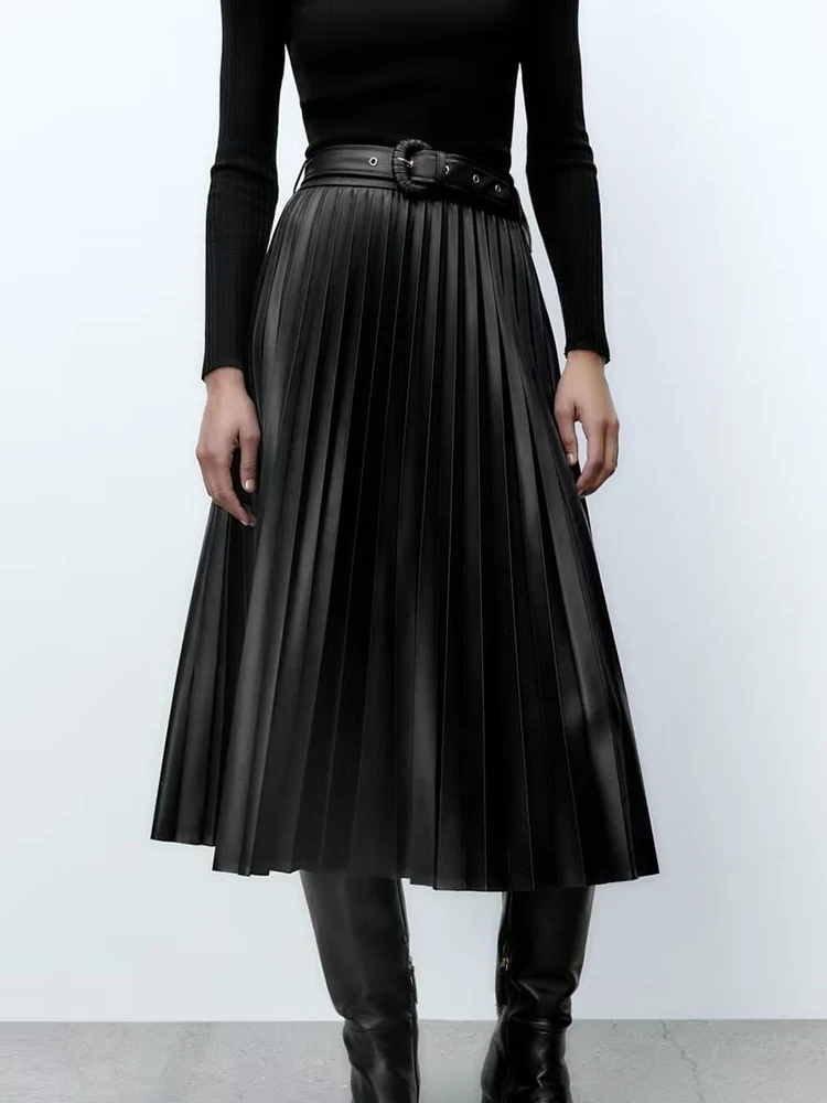 

You Define Fashion Women's Pleated Skirt Belt Autumn Winter Black PU High Waist A-line Folding Skirt Women's Vintage Midi Skirt