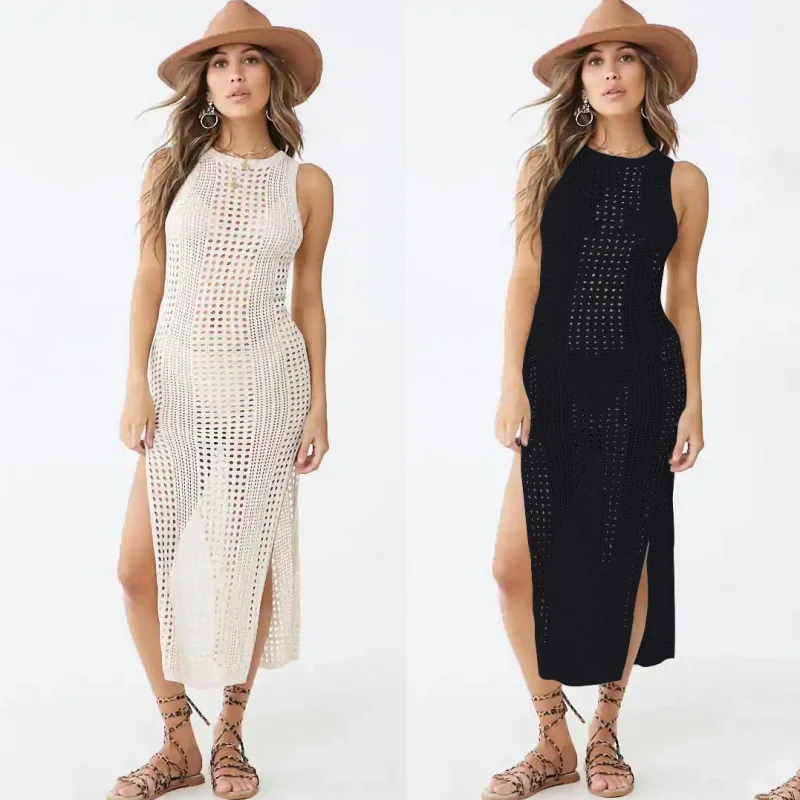 

Beach Cover-up Spring and Summer Sun Protection Clothing Knitted Loose Solid Color Hollow-out Long Dress for Women
