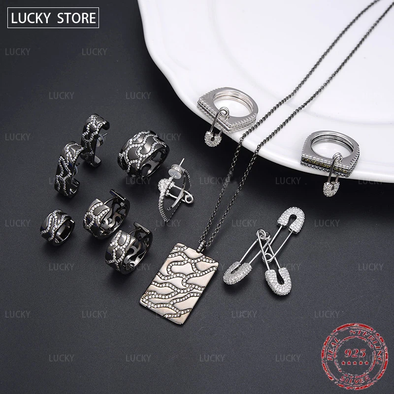 

High quality S925 Sterling Silver constellation black meteor Pendant Necklace Ring Earrings personality luxury Moroccan jewelry