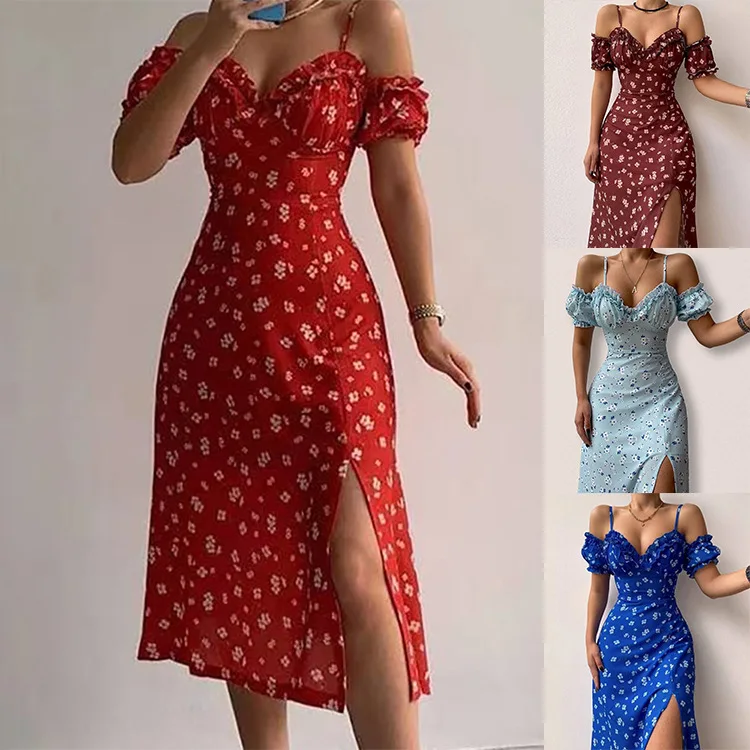 

Women’s Off Shoulder Frilly Suspender Dress Party Summer Ladies Short Sleeve V-neck Split Mid-length Dress Floarl A-Line