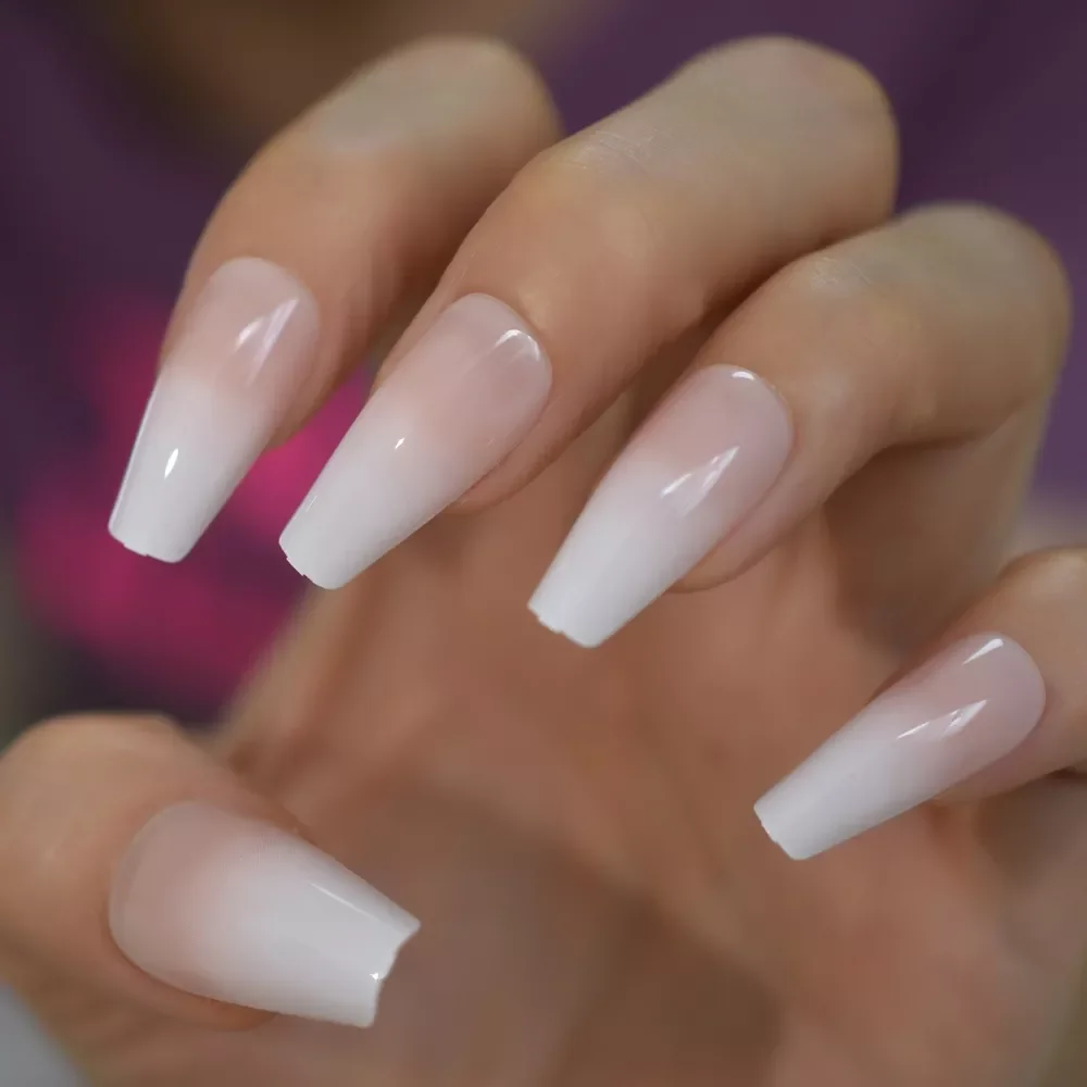 

Natural Glossy Ombre Pink Nude White French Ballerina Coffin False Nail Gradient Press on Reusable Ballet Fake Nails Tips