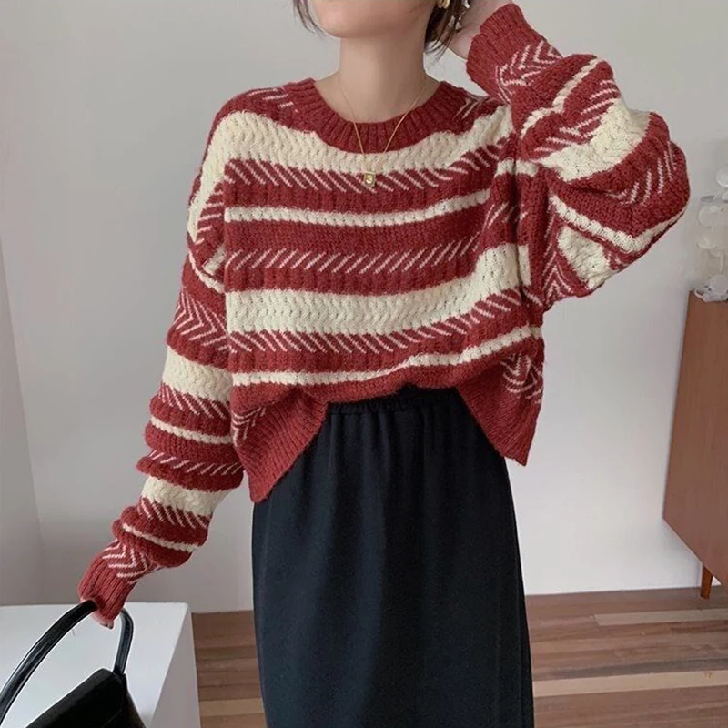 

ZELI Thick Stripes Sweater Women Korean Loose 2021 Winter New Fashionable Pullover Long Sleeve Warm Soft Cashmere Female Clothes