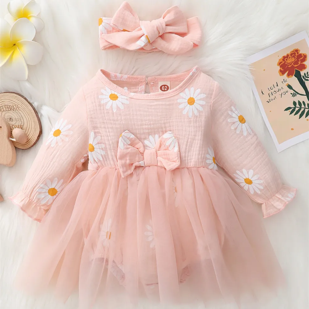 

0-2T Four Seasons Baby Girl Fashion Print Long Sleeve Romper Splicing Mesh Sand Dress Hairband Two-piece Set