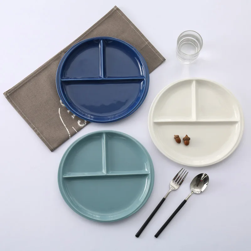 

10 Inch Fast Food Plate Bone China Scandinavian New Color Glaze Ceramic Household Steak Breakfast Plate Compartment Round Plate