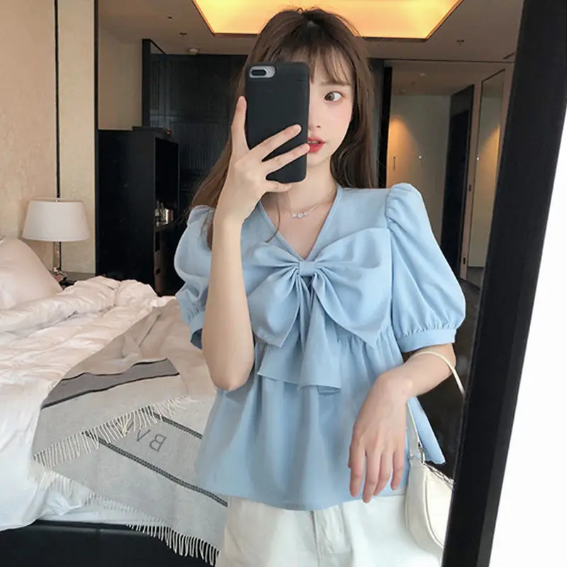 

2022 Summer Women Fashion Bow V-neck Pullover Shirts Tops Female Short Chiffon Blouses Ladies Loose Short Sleeve Shirts J47