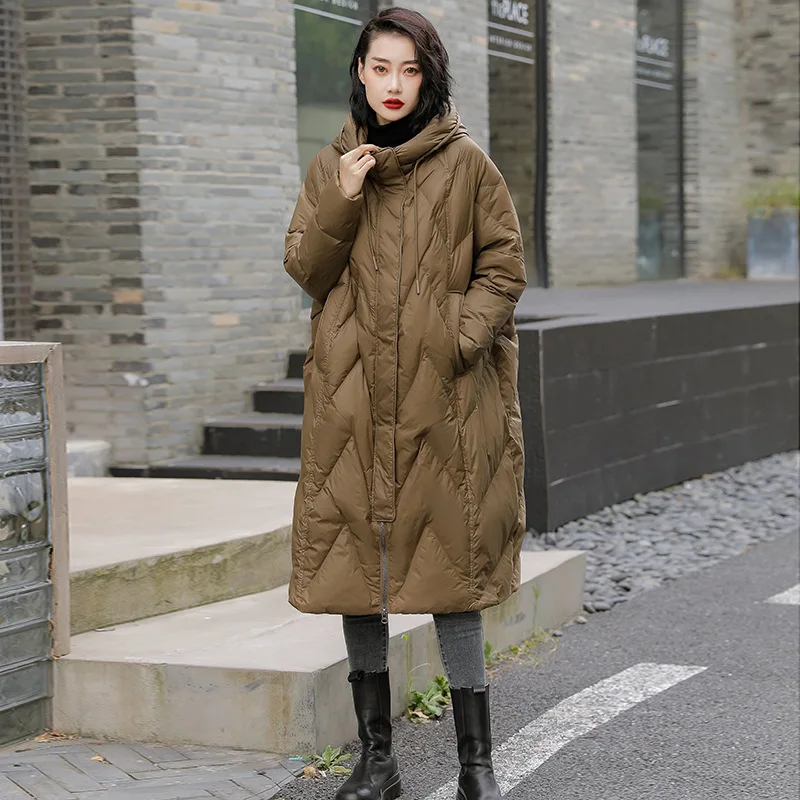 Women Down Coat 2022 Literary Loose Long Over-the-Knee Winter Hooded White Duck Down Jacket Warm Outwear