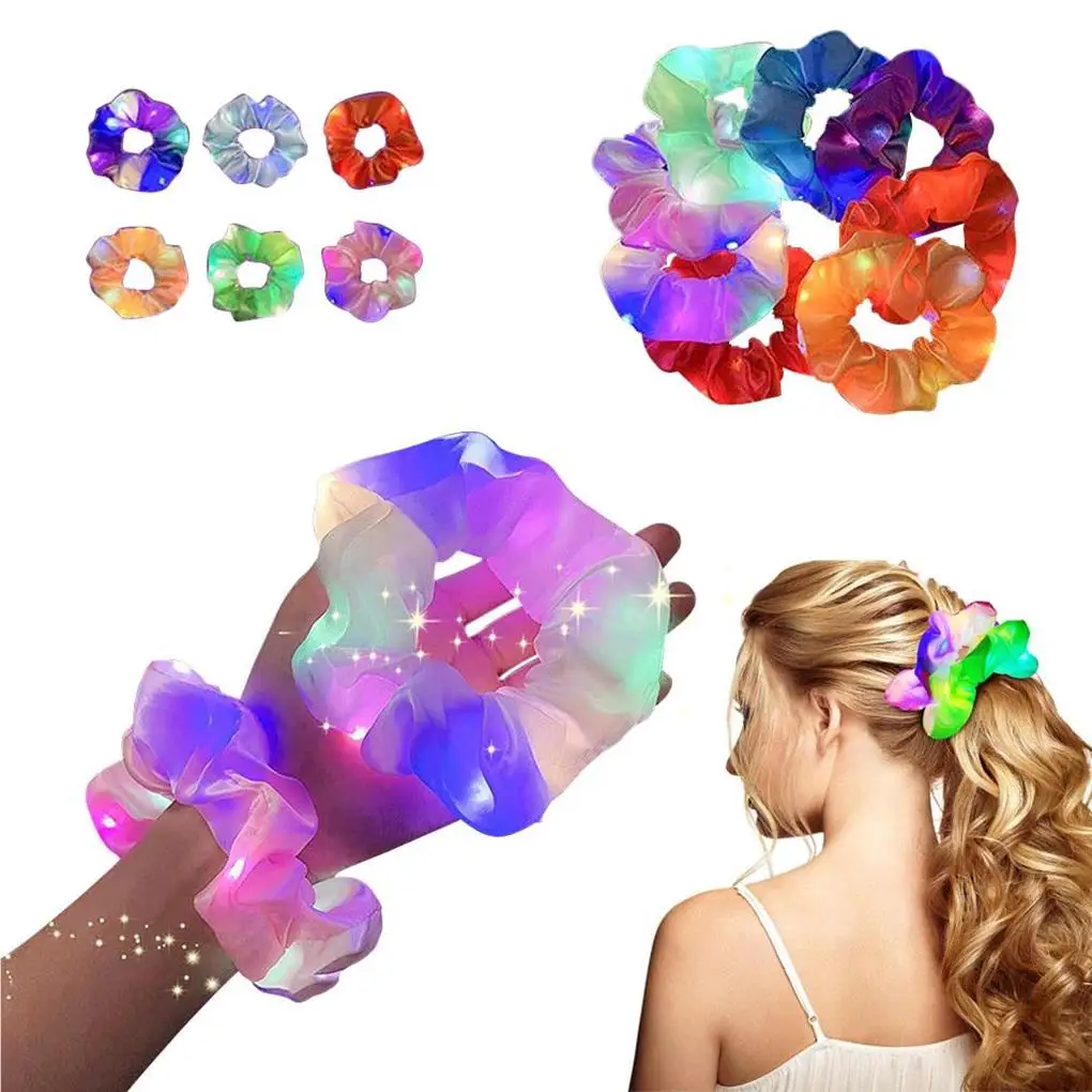 

6 Pieces LED Hair Scrunchy Luminous Hairband Glowing Ponytail Holder Assorted Color Fashionable Beauty Accessories