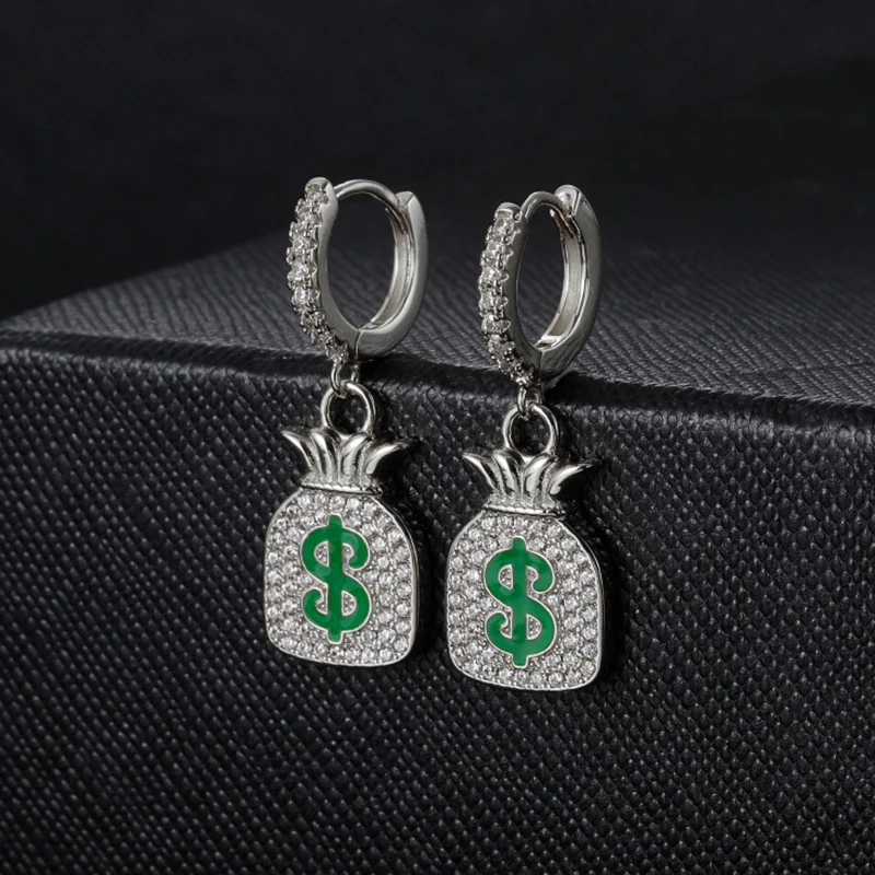 Серьги с символом доллара сумка для денег серьги в стиле хип-хоп рок Iced Out циркон