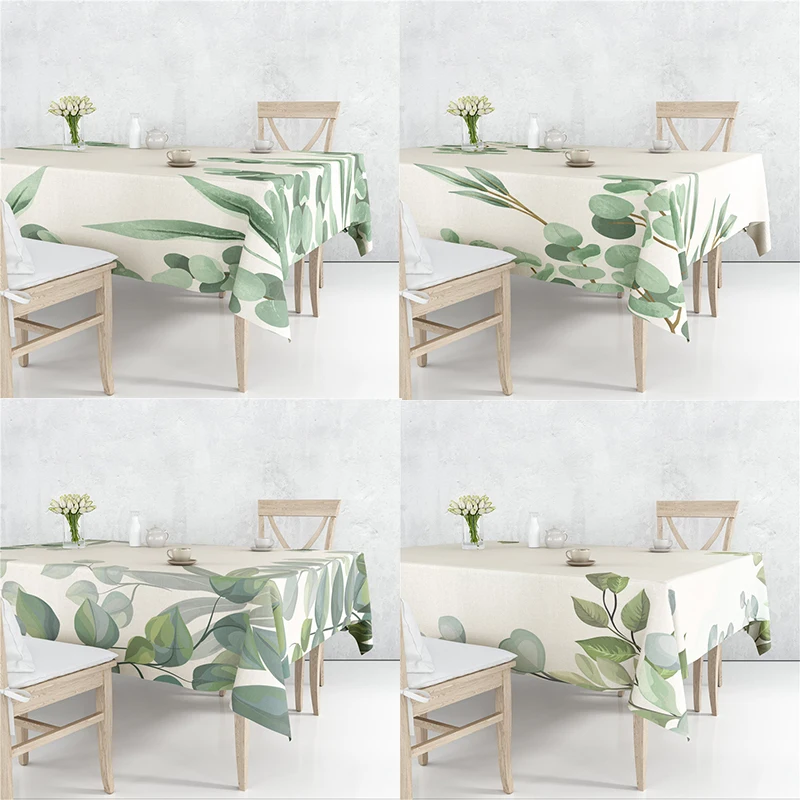 

Fresh Green Plants Leaves White Flax Tablecloth Dustproof Cover Heat Resistant Kitchen Dining Room Decoration Multiple Sizes