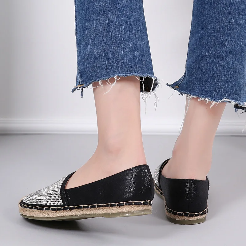 Hemp Rope Rhinestone Women Fisherman Shoes Pu Leather Loafers Silver Black Ladies Moccasin Shiny  Flats Zapatillas Mujer 43
