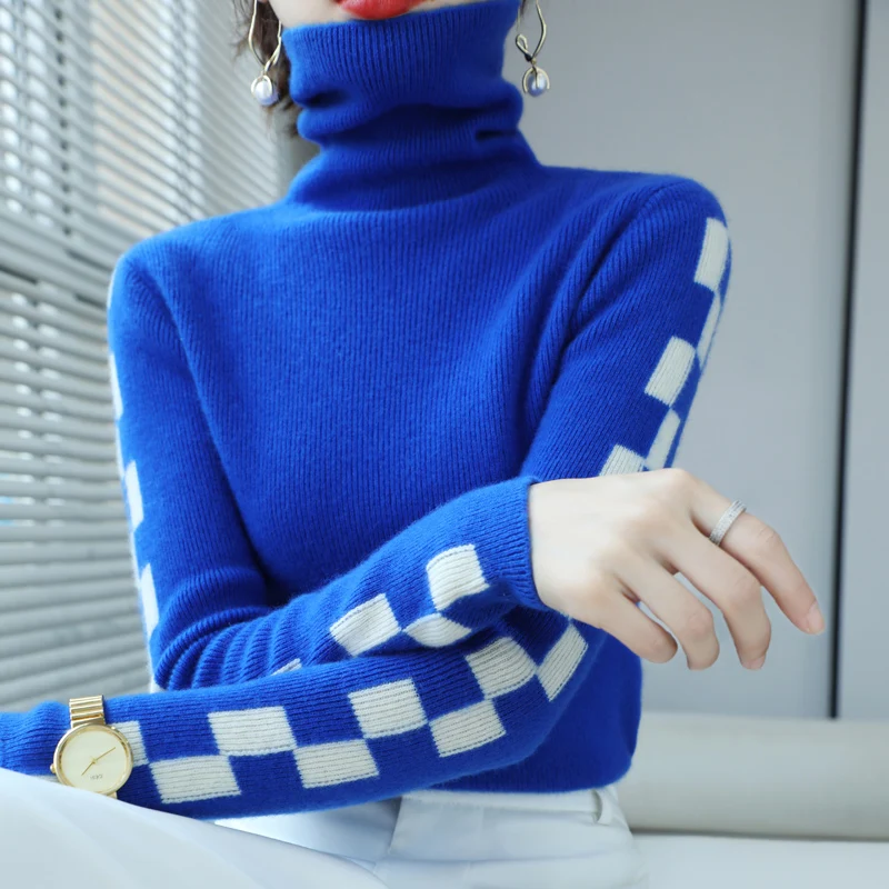 Облегающий вязаный свитер из чистой шерсти пуловер в шахматную клетку с высоким
