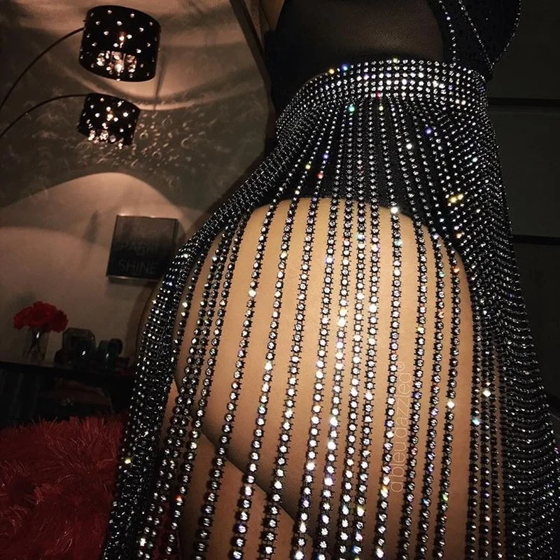 

Fashion Sexy Flash Diamond Strapping Stitching Women Skirts Nightclub Party Bling Rhinestone Eye-catching Mini Skirt Street Wear