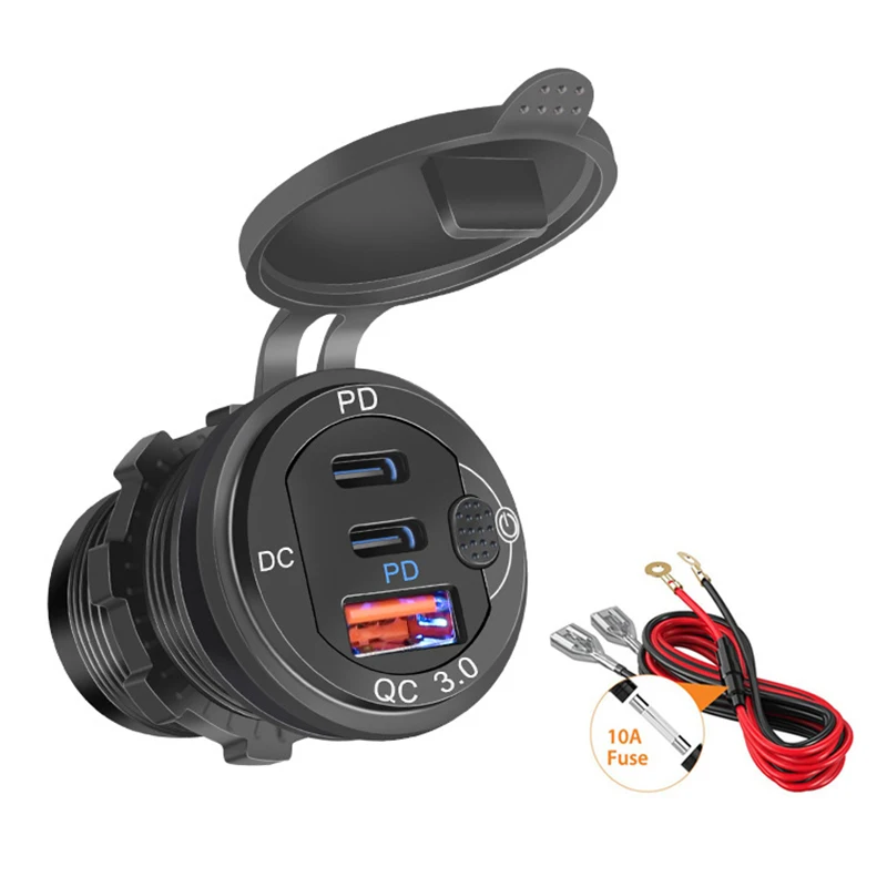 

40W Dual PD Type C Ports 18W QC3.0 USB Quick Car Charger Port Socket Outlet Adapter with Power Switch for Car Boat RV Marine ATV