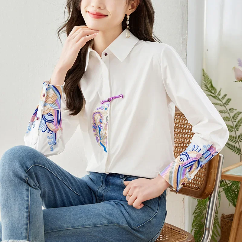 2024 весенняя чувственная тяжелая вышивка женская утягивающая рубашка в китайском