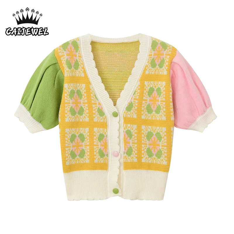 

Women's Clothing Knitting Cardigan French Printing Puff Short Sleeve Casual Fashion Vintage Baggy Ladies Blouse Tops Summer