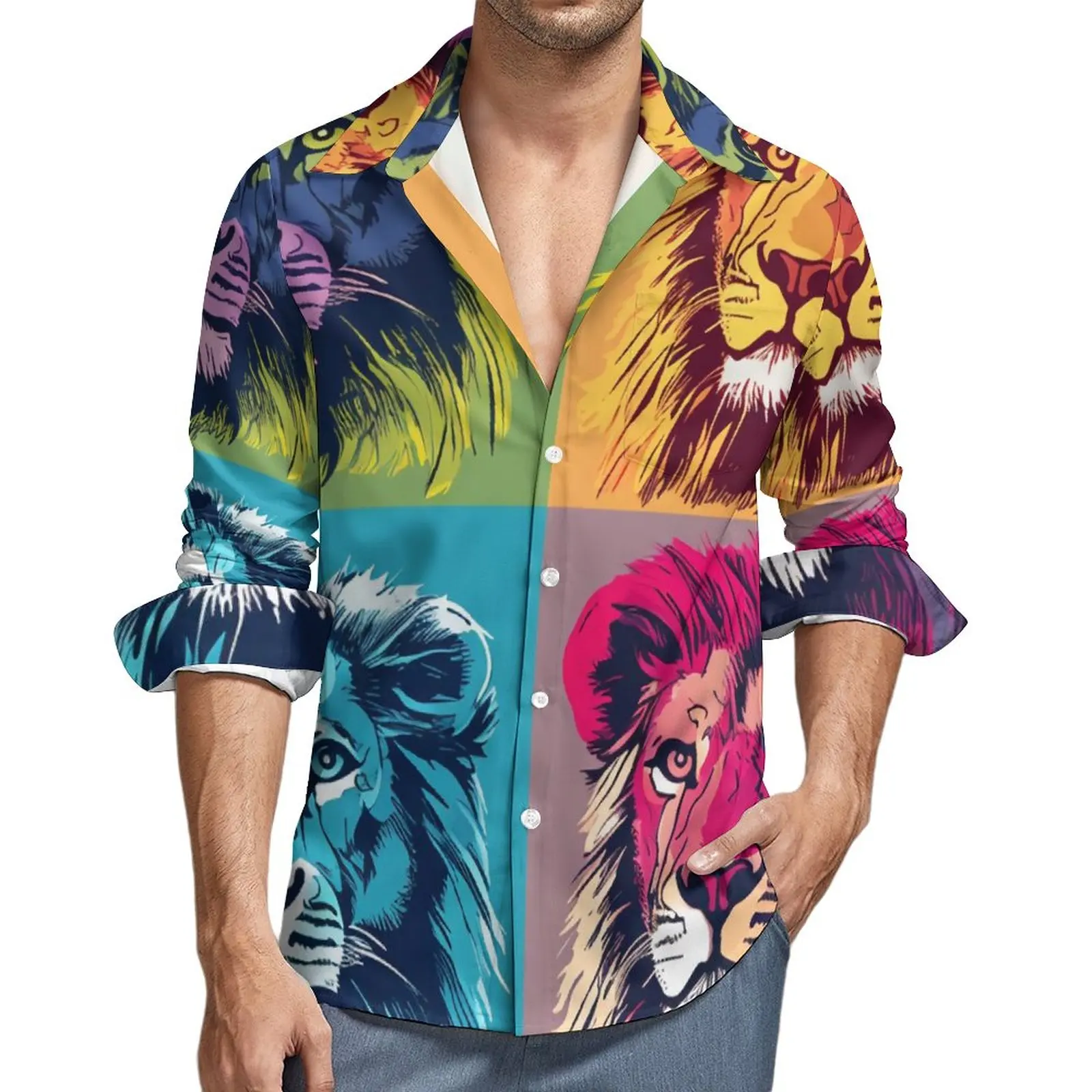 

Lion Shirt Pop Art Memes Style Casual Shirts Long Sleeve Printed Street Blouses Autumn Fashion Oversized Top