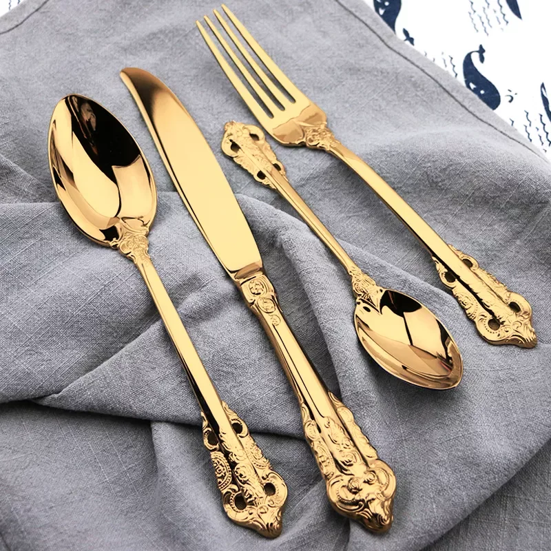 

Vintage Western Gold Plated Cutlery 24pcs Dining Knives Forks Teaspoons Set Golden Luxury Dinnerware Engraving Tableware Set