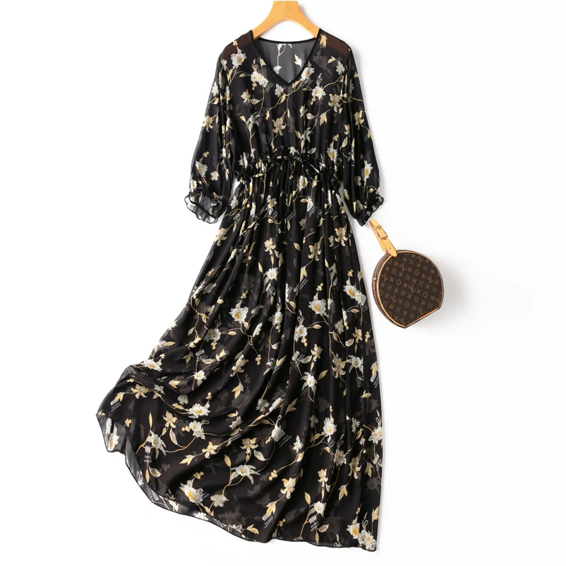 

100% Natural Silk Print Thin Dresses Women Bohemian A-LINE Mid-Calf V-Neck Vestidos Largos De Verano Para Mujer