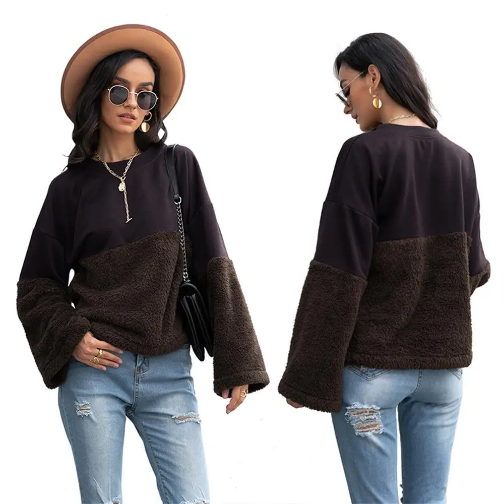 

Women Solid Fluffy Korean Coat Long Sleeve Casual Pullover Crop Tops Fashion Sweatshirt Autumn Winter Warm Jumper Loose Clothes