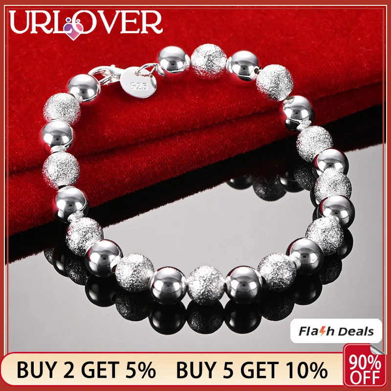 

URLOVER 925 Stamp Silver Color 8mm Frosted Smooth Beads Chain Bracelets For Woman Banquet Party Birthday Wedding Fashion Jewelry