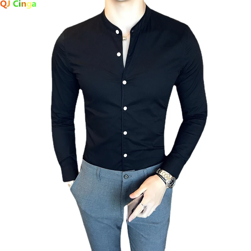 

2023 Autumn Men's Stand Collar Casual Shirt Masculina Boutique Long-Sleeved Slim Men's Solid Color Business Dress Shirt Size 5XL