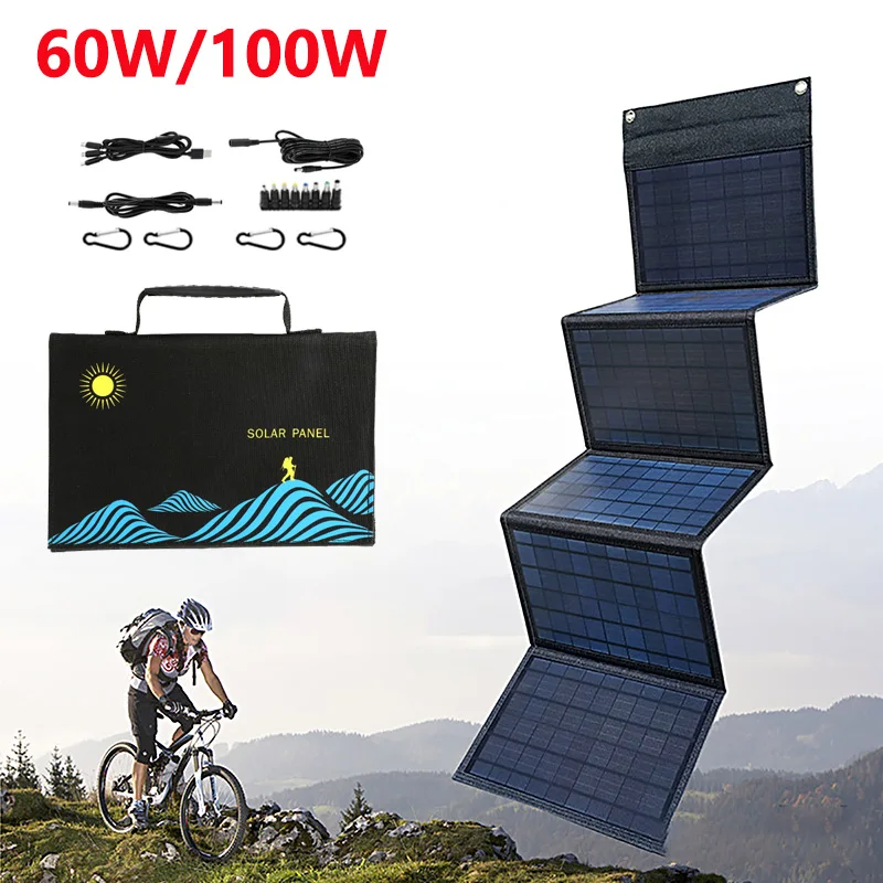 

60W 100W Solar Panel Portable Folding Bag USB+DC Output Solar Cell Charger Outdoor Power Supply for Phone Hiking Power Generator