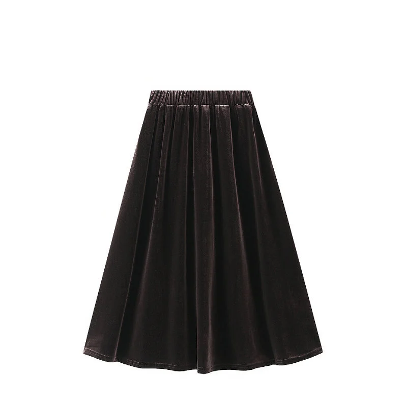 

Winter Gold Velvet Elastic Waist Pleated Skirt Women's Autumn Clothing 2022 A-Line High Waist Umbrella Slim Black Skirts Femme