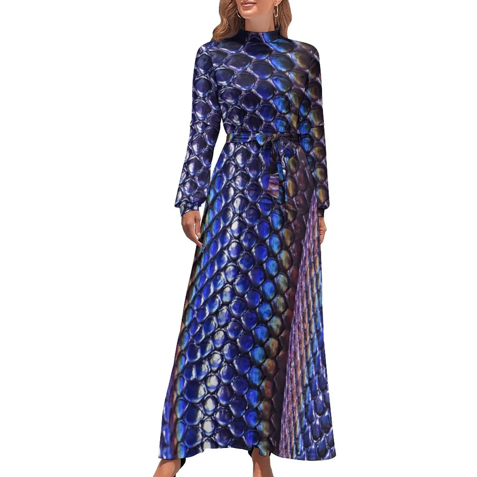 

Красочное платье из змеиной кожи, блестящее синее Макси-Платье с милым рисунком, с высокой талией и длинным рукавом, уличный стиль, богемные пляжные длинные платья