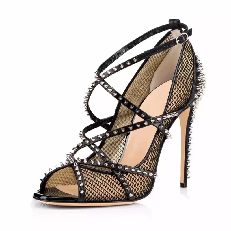 

Black Rivet stiletto shoes Open Toe Mesh Sexy Lady Sandals Luxury designer shoes Fashion Wedding Evening shoes