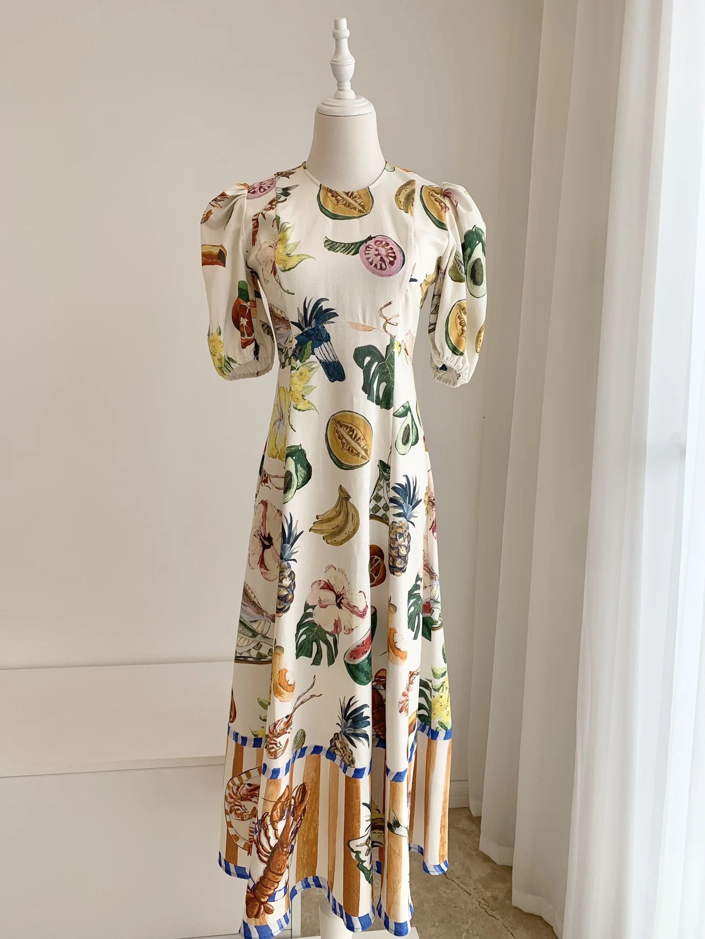 Women's Midi Dress O-Neck Lantern Short Sleeve Fruit Print Robe Linen Bohemian