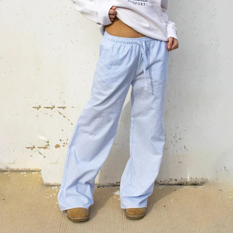 Женские повседневные брюки в полоску, свободные прямые штаны с эластичным поясом и карманами, штаны для сна, Корейская домашняя одежда
