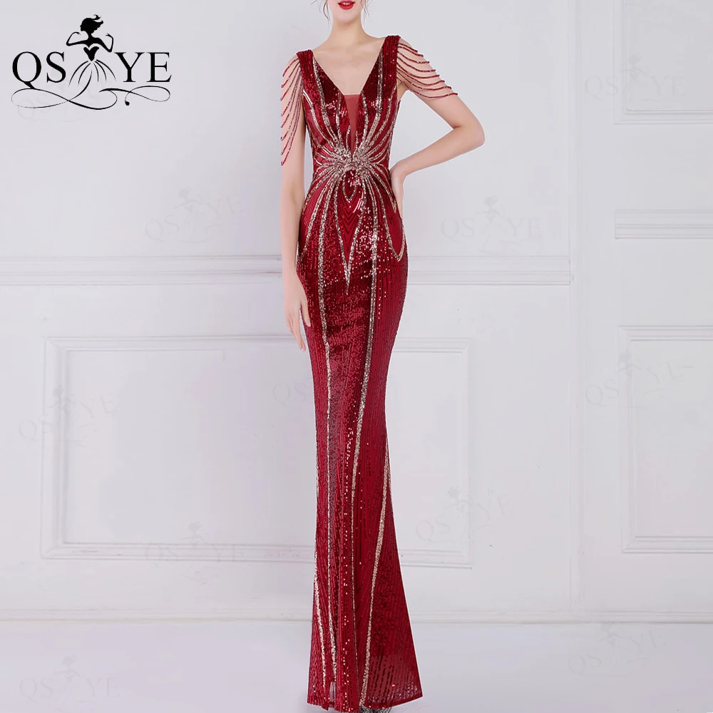 

Sparkle Burgundy Sequin Evening Dresses V neck Mermaid Prom Gown Glitter Beading Straps Sleeves Fitted Party Dress Women Formal