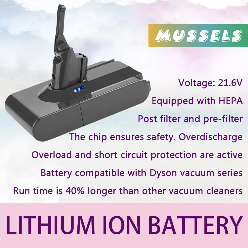

21.6V with filter, suitable for Dyson V8, V8 Absolute, V8 Motorhead V8 Fluffy, Dyson V8 SV10 vacuum battery