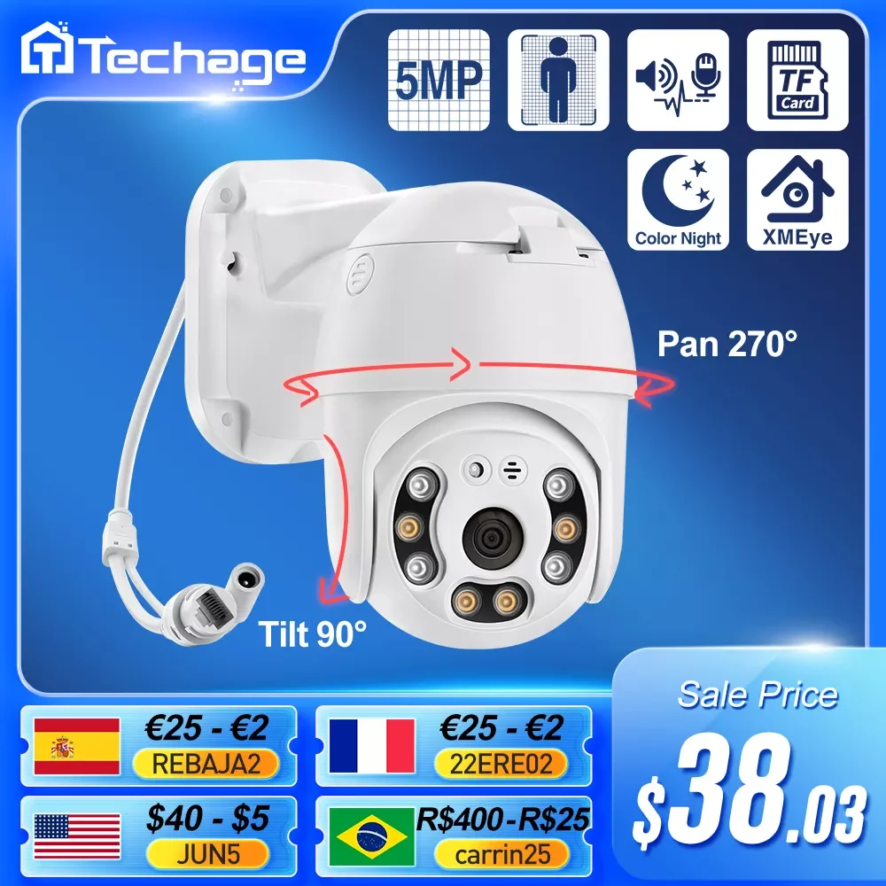 

Techage 5MP Security POE IP Camera 1080P PTZ Dome Video Camera Outdoor Ai Human Detect Two Way Audio 2MP Camera XMEye TF Card