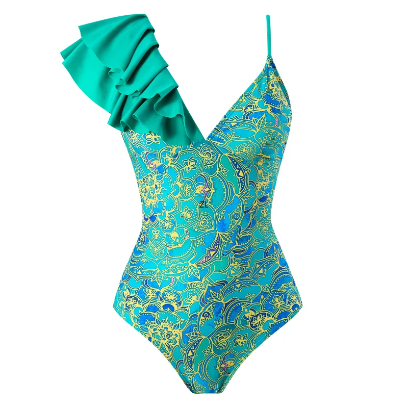 Floral Print Vintage Swimsuit 2023 New Women Ruffle One Shoulder Swimwear Brazilian Holiday Designer Bathing Suit Beach Cover Up