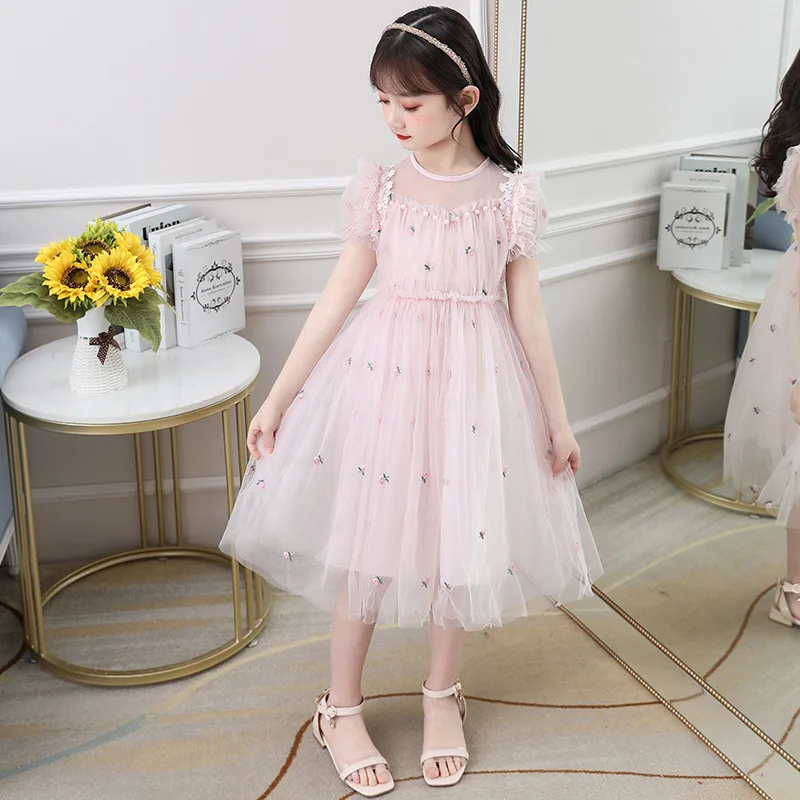 

Детская одежда, летнее Сетчатое платье с вышивкой, детское новое платье принцессы, цветочное кружевное платье с коротким рукавом для девоче...