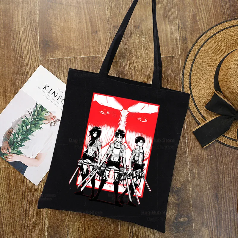 

Shingeki No Kyojin Shopping Black Bags Canvas Attack on Titan Tote Bag Reusable Cloth Liberty Eren Levi Handbag Shoulder Bags