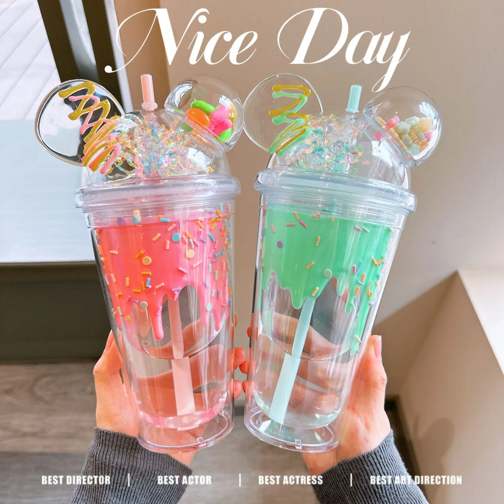 

Coffee Cup Straw Cup Office Water Cup Cute and Creative Ice Cream Design Transparent Double-layer Plastic Cup